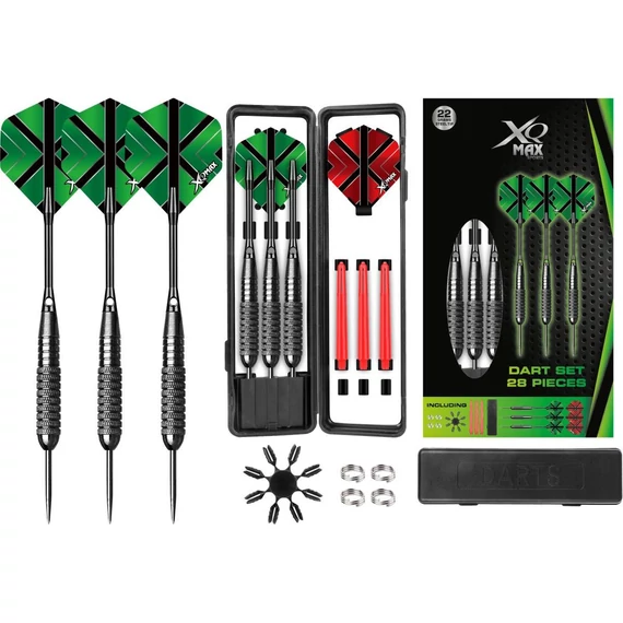 Xqmax Dart Set 28 Pieces - fém darts toll készlet (3db toll, 28db kiegészítő), zöld/fekete