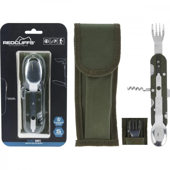 Redcliffs Pocket Knife - 5in1 multifunkciós turista evőeszköz, ezüst