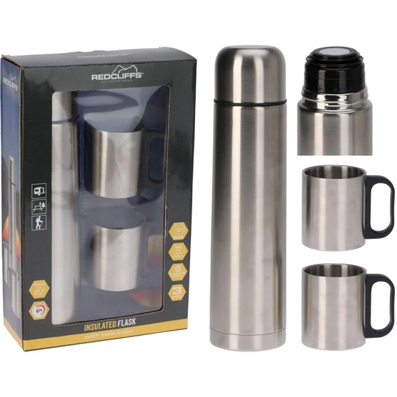 Redcliffs Insulated Flask - turista termosz 2 bögrével, ezüst